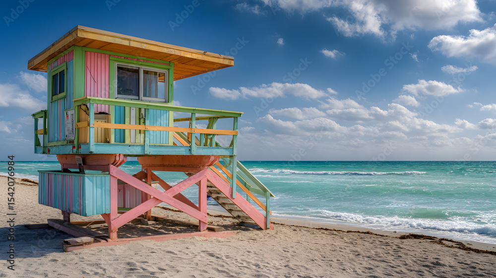 Obraz premium colorful lifeguard hut at miami beach, florida