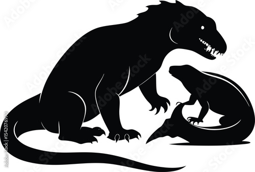 Silhouette Illustration of Komodo Dragons, Reptiles, Wildlife Art, Vector Graphic