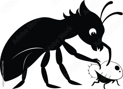 Cartoon Ant Caring for Aphid Vector Illustration Black and White Insect Pest Control Art