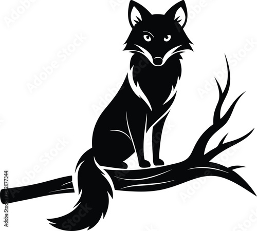 Black Fox Silhouette Sitting on Branch Vector Illustration Wildlife Animal Art