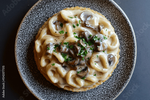 Overhead shot of creamy mushroom pasta with parsley garnish on stone background, rustic and elegant food presentation
