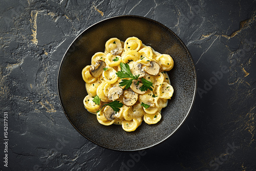 Overhead shot of creamy mushroom pasta with parsley garnish on stone background, rustic and elegant food presentation