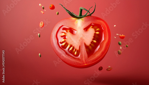 halved tomato with juicy seeds suspended in the air on a pastel red background © Rhea