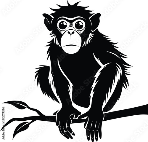 Black and White Monkey Sitting on Branch Vector Illustration Animal Clipart Graphic