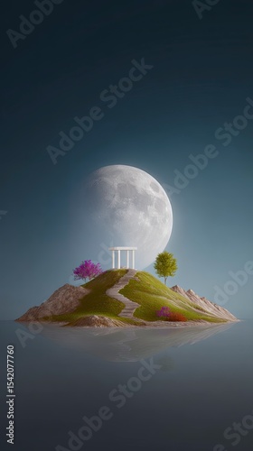 Pixel Art Island Scene at Night with a Full Moon
