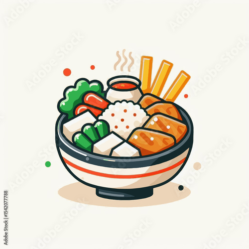 Bowl with rice vegetables tofu fries  sauce