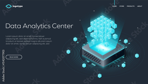 Isometric landing page design for a data analytics center. Features a glowing blue data cubes on a dark background. Concept for technology, big data, blockchain, and futuristic business websites.