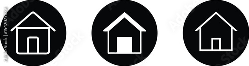 A collection of three black circular icons featuring minimalist white line art of house silhouettes, perfect for real estate, home services, or navigation applications. Ideal for websites, apps, and d
