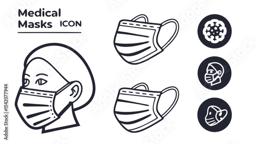 Illustration of medical masks with a person wearing a mask and icons related to virus protection and safety