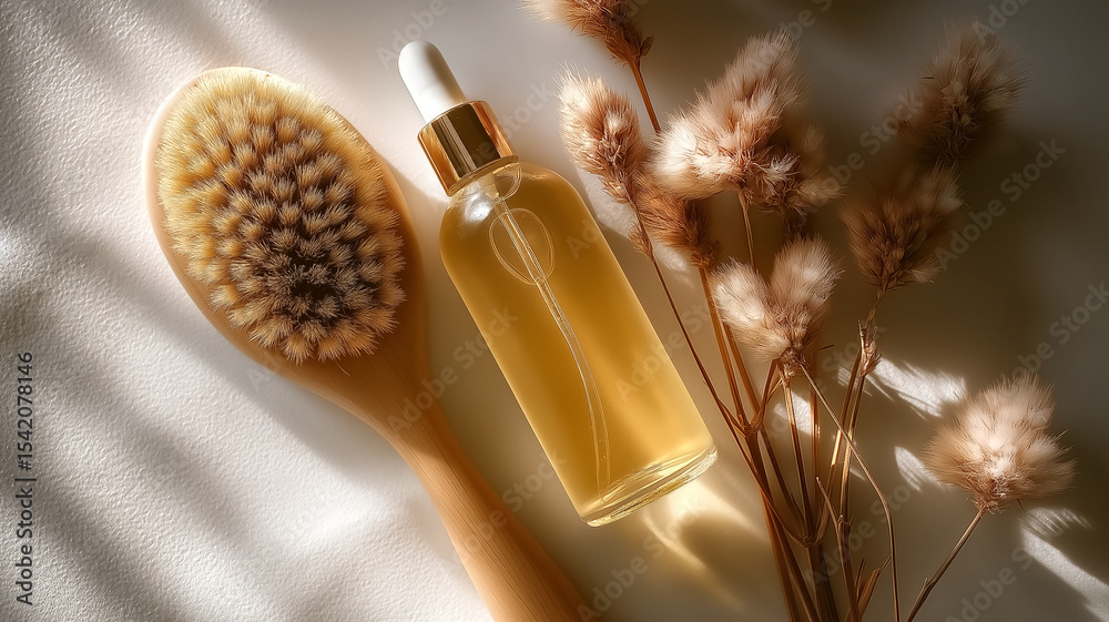 Fototapeta premium A bottle of golden body oil with a wooden dry brush and dried flowers, arranged in soft sunlight on a beige surface