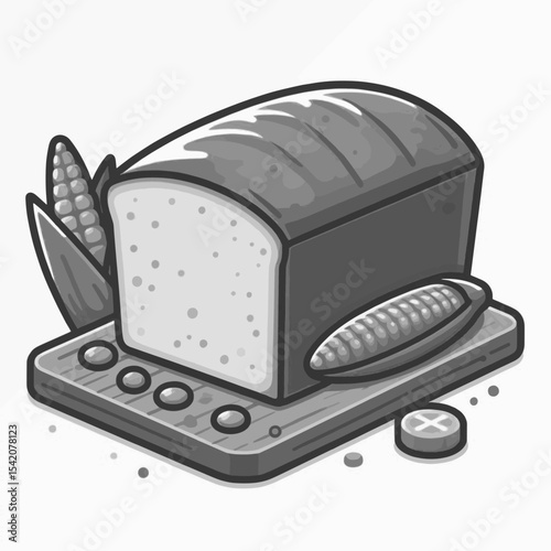 Bread loaf with corn on a cutting board drawn with clear lines