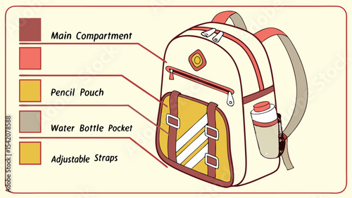 Illustration showing the components of a backpack including main compartment pencil pouch and water bottle pocket