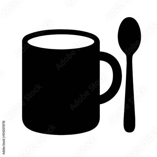 very simple flat and single minimalist Mug and Spoon Silhouettes in black on a white background