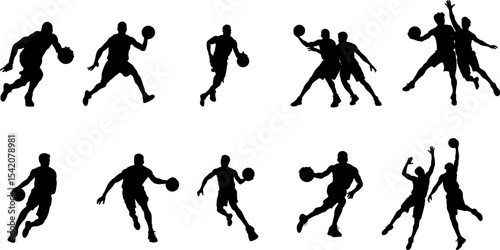 Collection of basketball player silhouettes in action-packed poses—dribbling, jumping, defending, and dunking. Perfect for sports graphics, posters, and motion concepts.