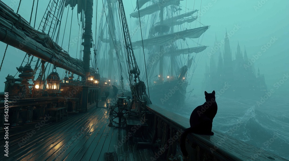 Obraz premium Black cat sitting on pirate ship deck during foggy night sail near haunted coastline ideal for fantasy nautical stories, gothic pirate tales and Talk Like a Pirate Day visuals