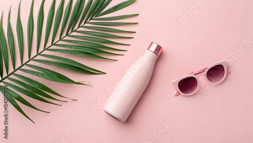 Pink aesthetic summer flatlay palm leaf water bottle sunglasses