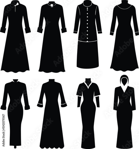 Black Silhouette Illustration of Traditional Islamic Women's Clothing Abayas and Dresses