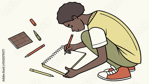Illustration of a young artist with dark skin drawing in a sketchbook with pencils and a color palette near