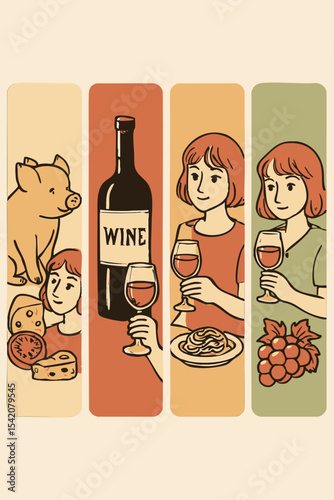 Four distinct illustrations showing individuals from different backgrounds savoring their meals in a cheerful atmosphere.
