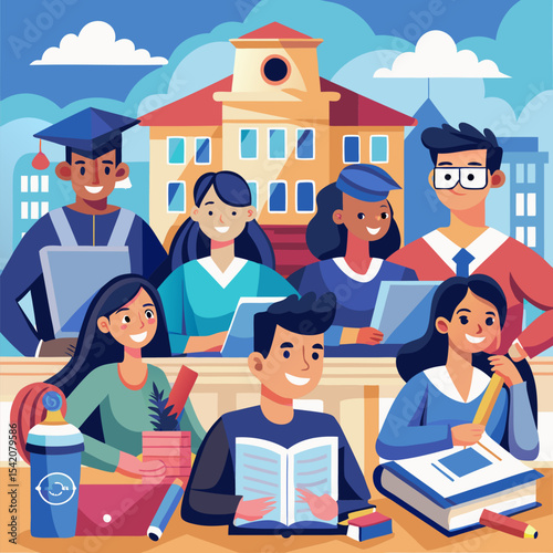 Students attending college classes in lecture hall
