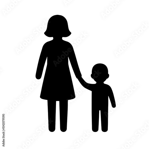very simple flat and single minimalist Mother  Boy Silhouettes in black on a white background