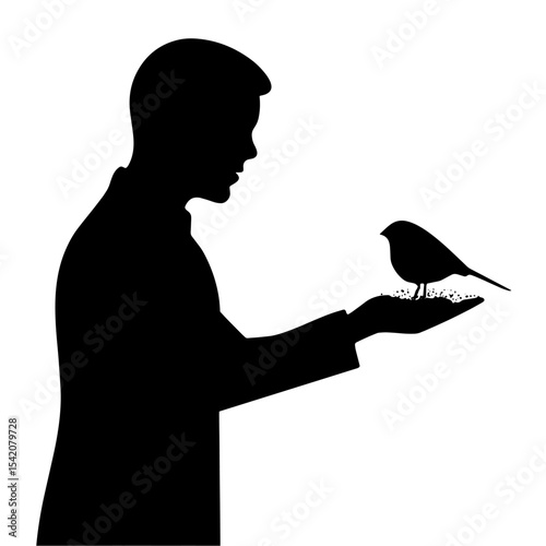 a silhouette of a man feeding a bird from his hand, a simple vector graphic design element art concept image