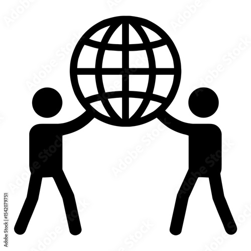 very simple flat and single minimalist Stick Figures Holding Globe Silhouettes in black on a white background
