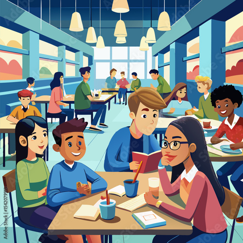 Students having lunch in a high school cafeteria