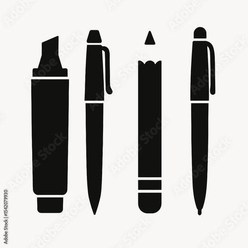 very simple flat and single minimalist Writting Utensils Silhouettes in black on a white background