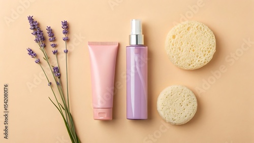 Lavender beauty products flat lay with cream tube spray bottle and sponges