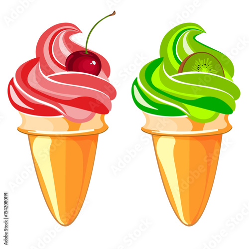 cherry and kiwi ice cream in a cone