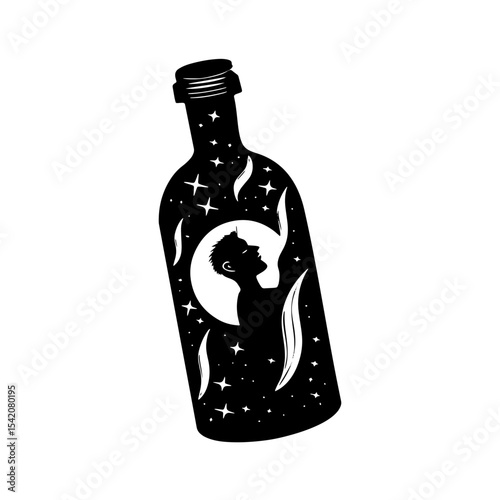 a bottle with a silhouette of a man looking at the moon surrounded by stars black and white graphic art
