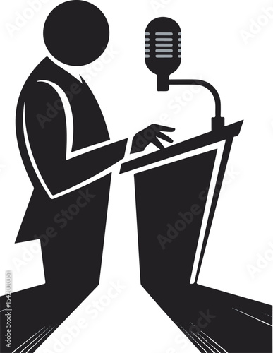 Black Silhouette Speaker at Podium with Retro Microphone Giving Speech Presentation