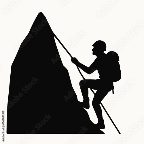 very simple flat and single minimalist Mountain Climbing Silhouettes in black on a white background