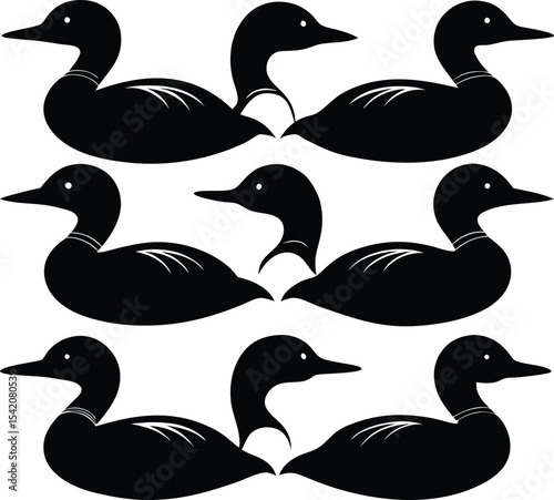 Black and White Loons Vector Illustration: Graphic Design of Waterfowl Birds in Silhouette Style