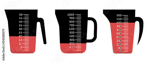 three measuring cups with red liquid showing different levels of measurement for cooking and baking use