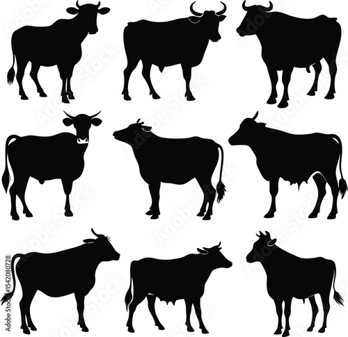 Cow Silhouette Vector: Cattle Herd Illustration, Farm Animal Graphic, Black and White Art