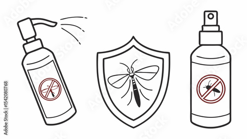 Illustration of mosquito repellent spray bottles and a shield with a mosquito inside it on white background