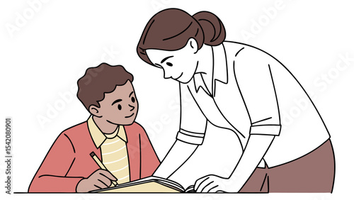 Illustration of a teacher helping a student with his work at a desk in a classroom setting view