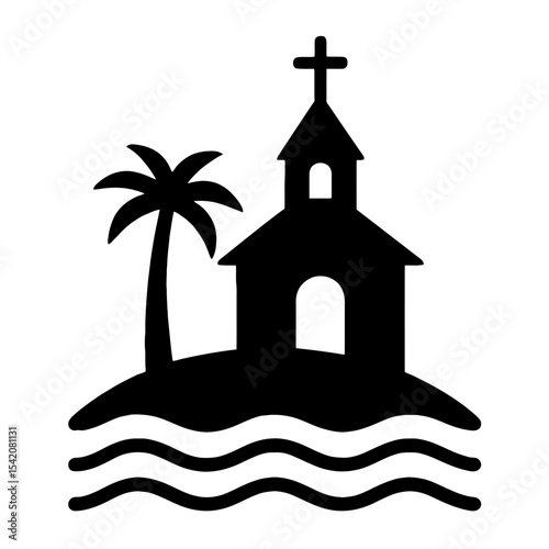 very simple flat and single minimalist Church on the Beach Silhouettes in black on a white background
