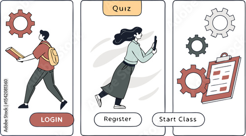 Illustration of three app screens depicting login register and start class with cartoon characters and elements