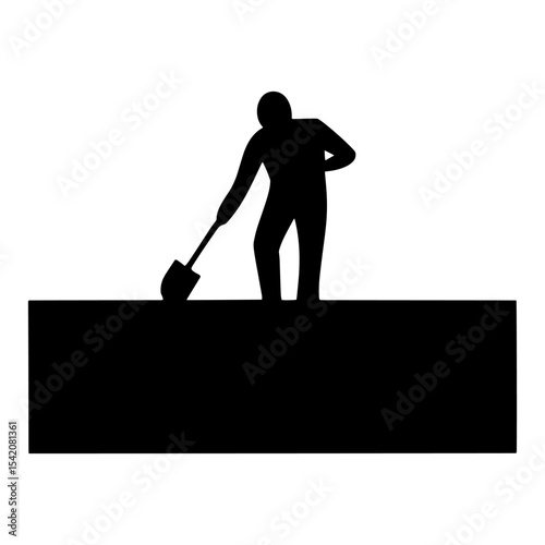 a silhouette of a worker digging the ground with a shovel, representing construction, excavation or gardening