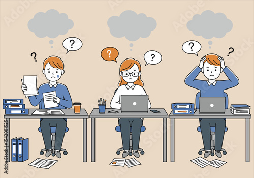 Confused Office Workers with Questions - Stress and Confusion Concept VectorOffice, Workers, Confusion, Stress, Question Marks, Concept Vector
