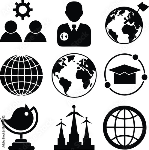 Black and White Icon Set: Global Business, Education, Social Networking, and Teamwork Concepts