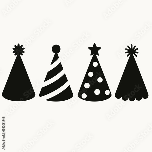 very simple flat and single minimalist Holiday Party Hats Silhouettes in black on a white background