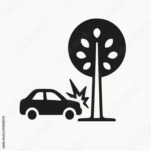 very simple flat and single minimalist Tree on Car Accident Silhouettes in black on a white background
