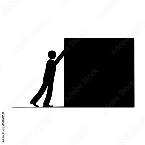 stick figure pushing a large black box, a simple vector illustration in black and white, isolated image