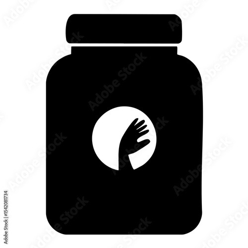a black jar with a hand reaching out from a white circle, vector illustration, clip art, design element