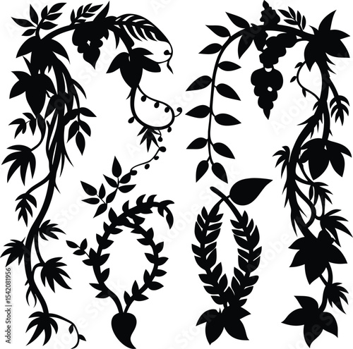 Black Silhouette Vine Plant Clipart: Vector Floral Design Elements, Botanical Illustration Pack