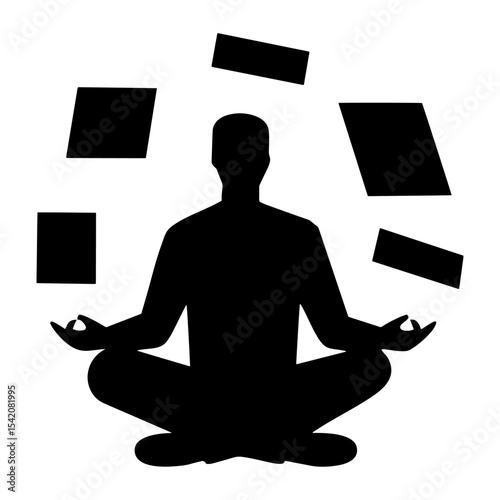 a silhouette of a person meditating with shapes floating around, representing balance and mindfulness